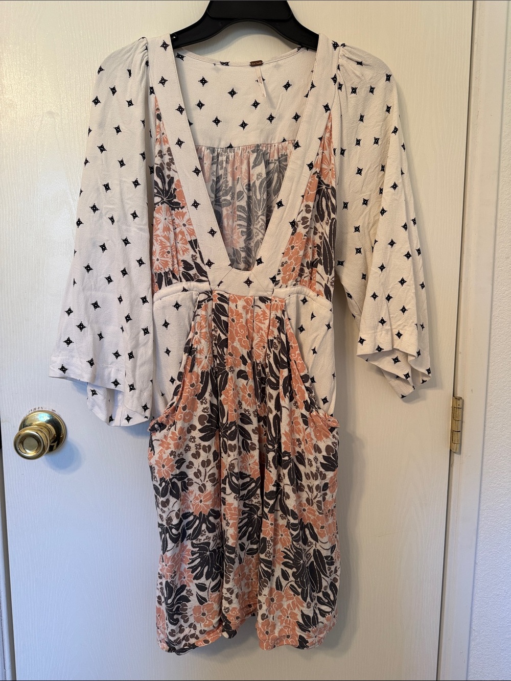 Free People Boho Floral V-Neck Dress in White, Peach & Black